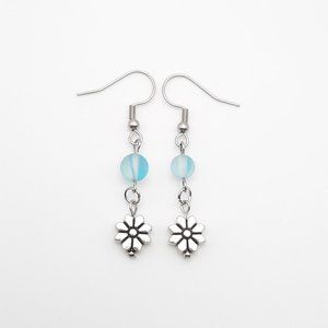 Spring Flower Light Blue Glass Dangle Drop Earrings Handmade Jewelry